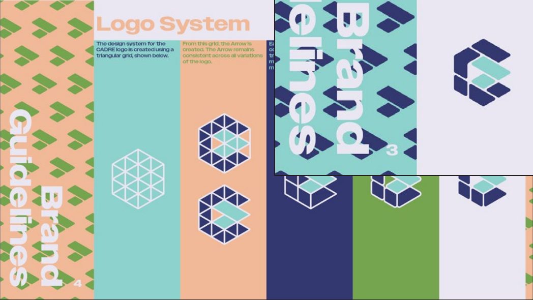 CADRE brand guidelines page explaining the triangular grid behind the logo