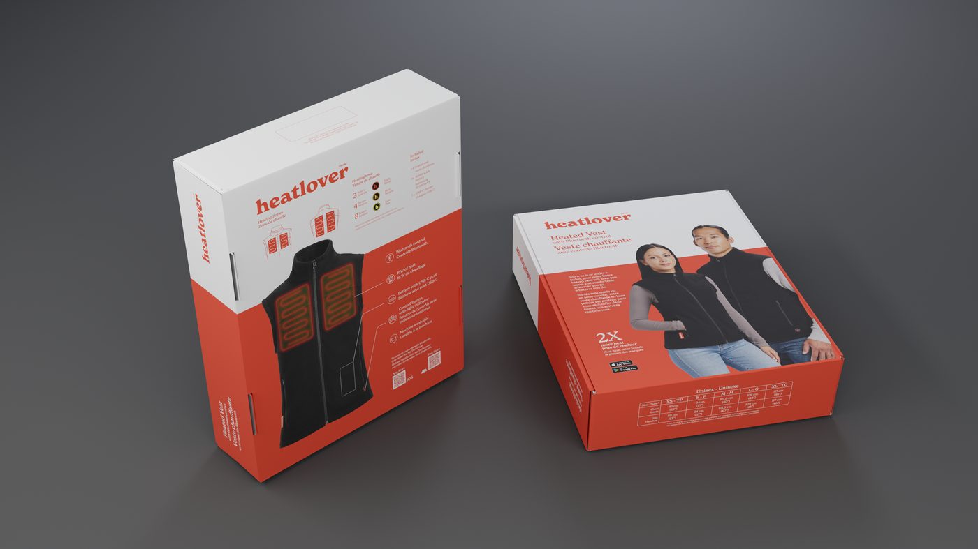 Red and white Heatlover heated vest packaging