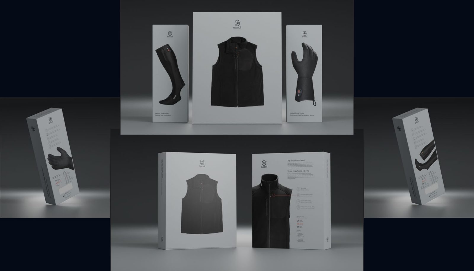 Three ewool launch boxes for a heated vest, socks and glove, shown from several angles