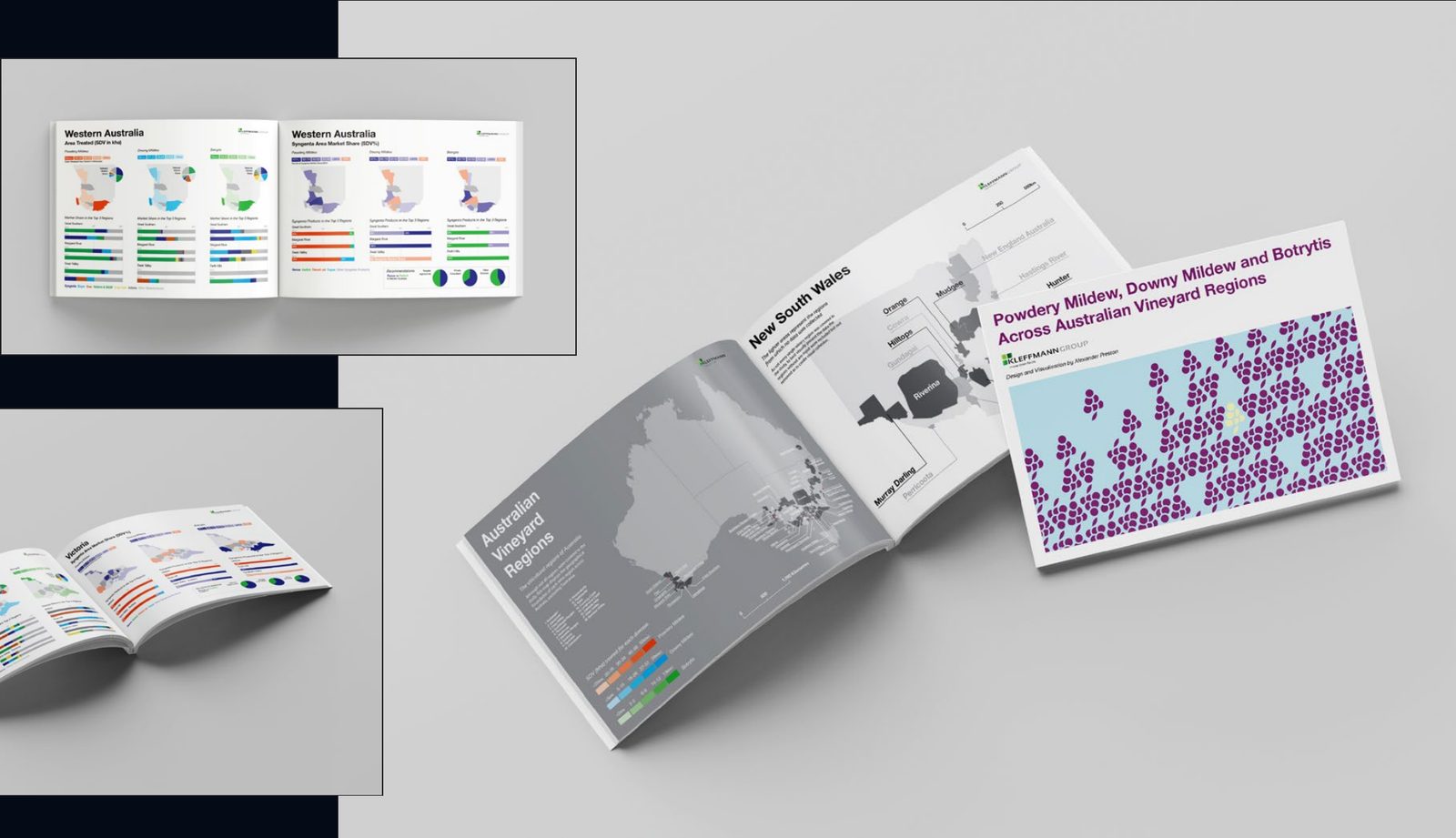 Printed report with maps of Australian vineyard regions and fungicide usage charts