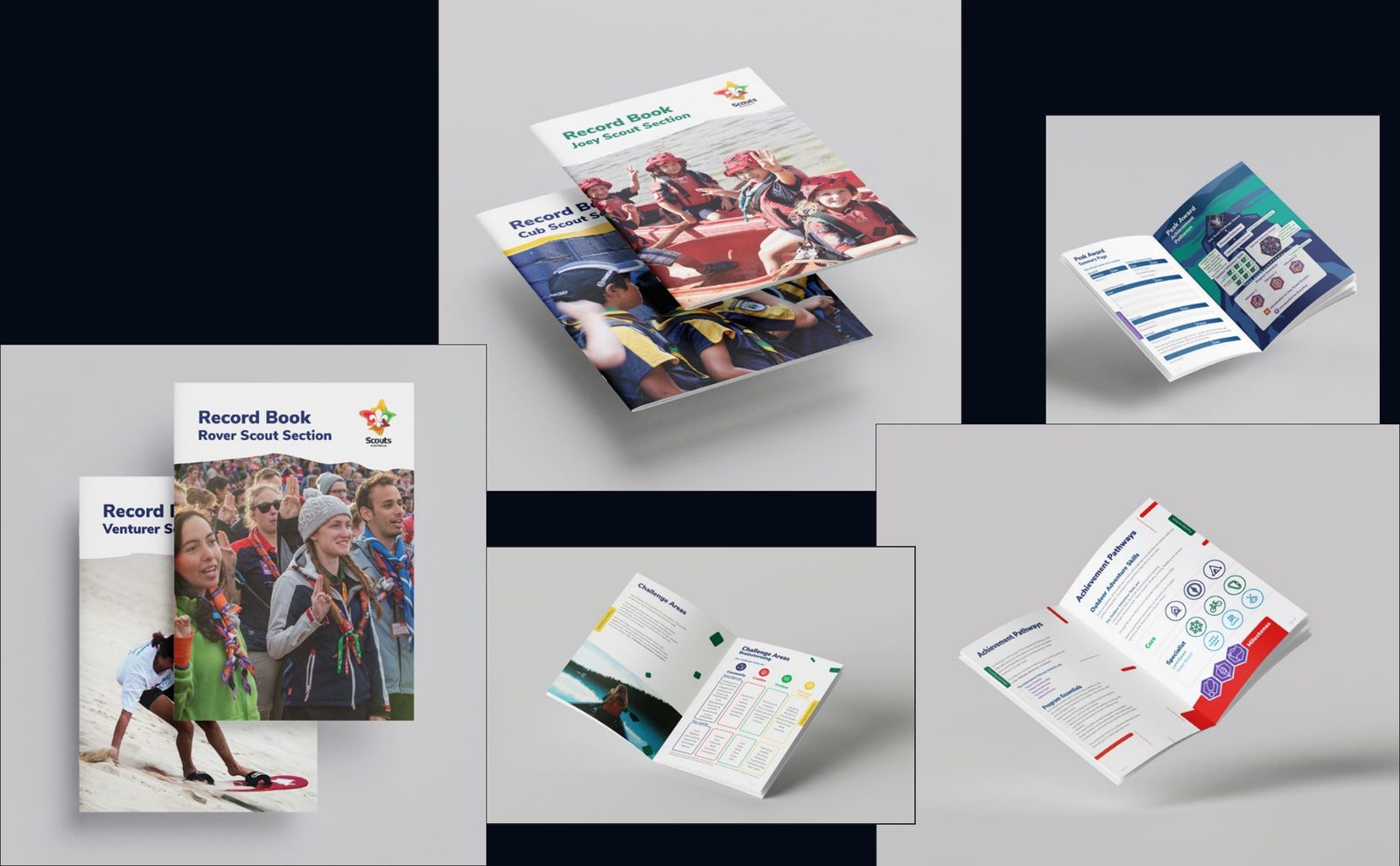 Record book covers and spreads for the Joey, Cub, Venturer and Rover Scout sections