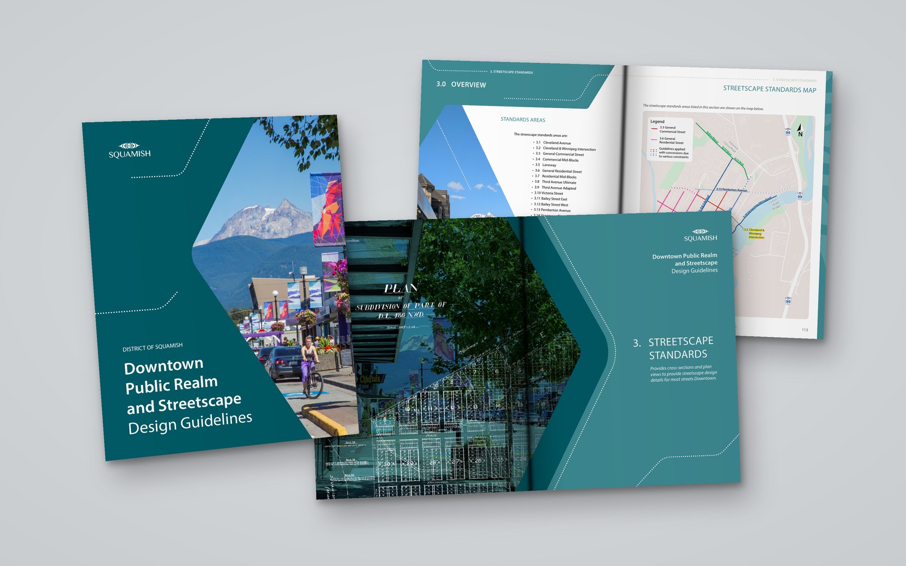 Guidelines cover, the section three divider spread and the overview spread behind it