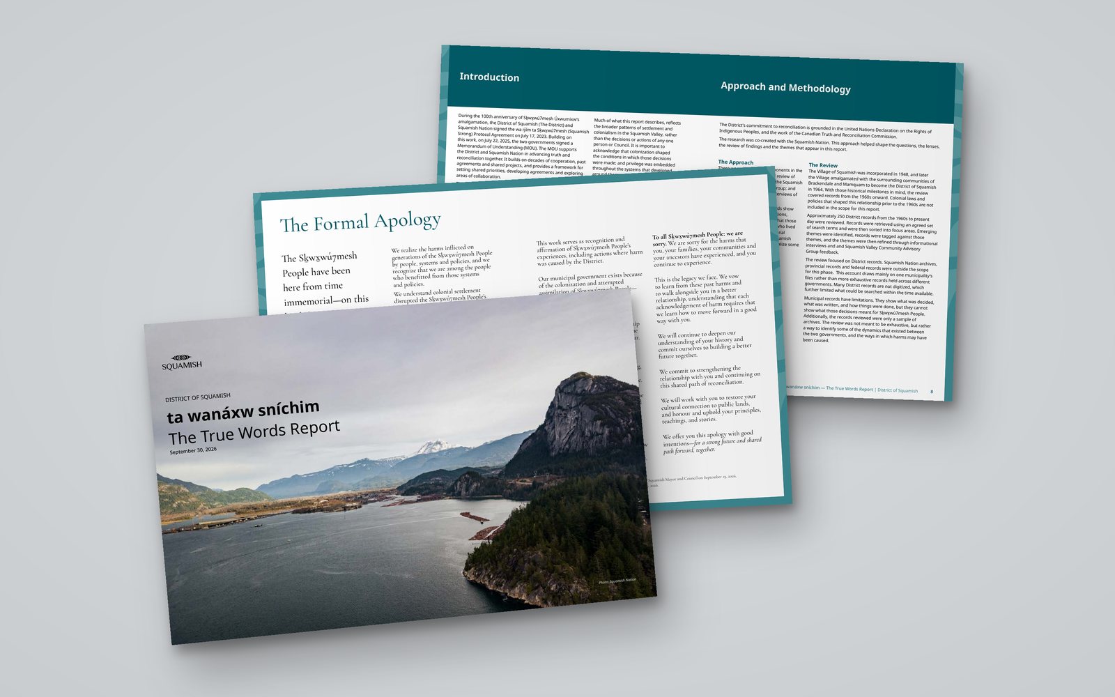 The True Words Report cover, the Formal Apology spread and the introduction spread