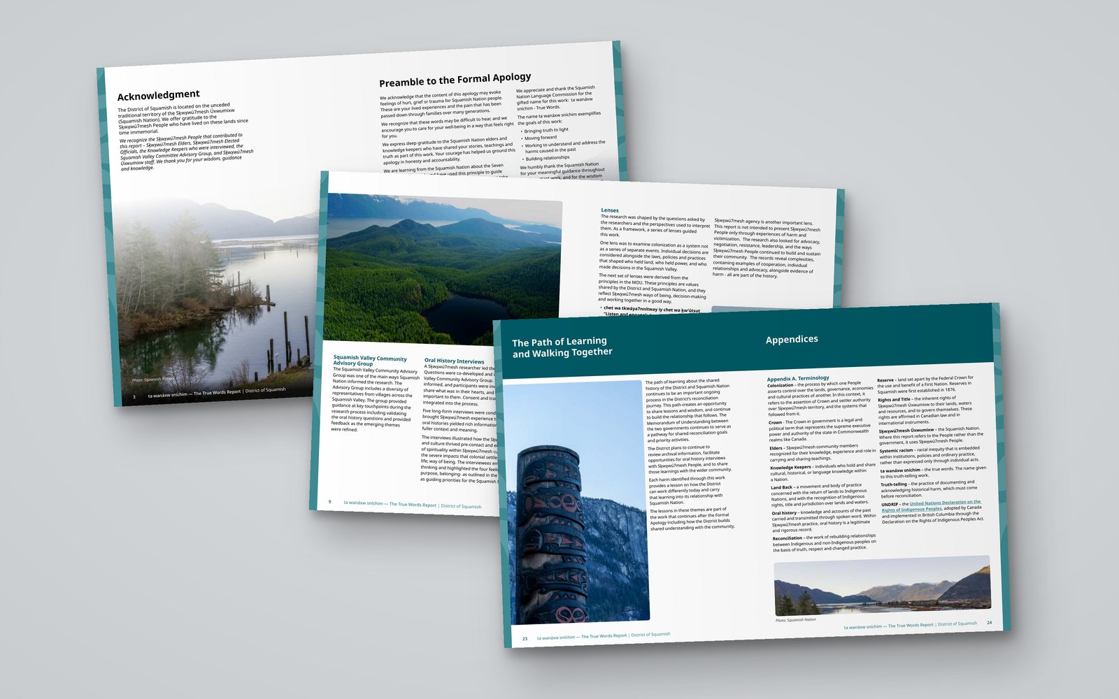 Spreads from the True Words Report: the acknowledgment, methodology and closing sections